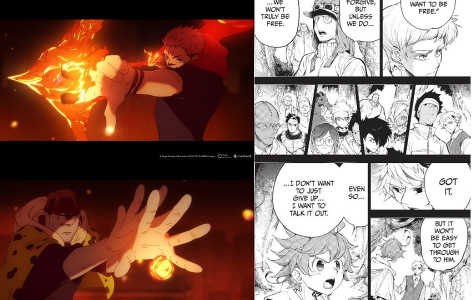 Jujustu Kaisen anime and The Promised Neverland manga panel merged