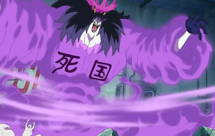 Ceaser Clown in toxic gas form fighting Luffy